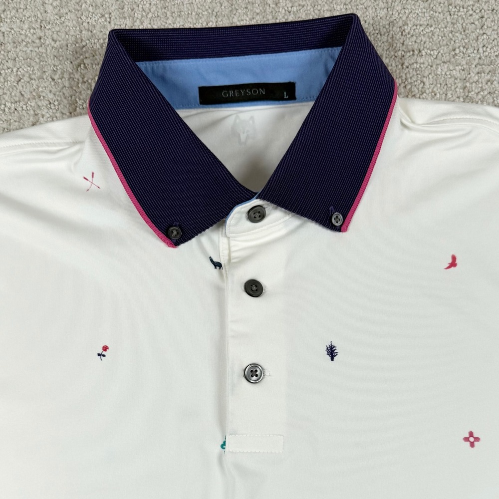 Greyson Mens Large Cream White AOP Performance Golf Polo Shirt